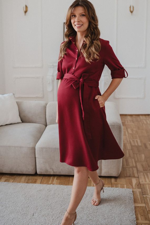 Vestido camisero premamá y de lactancia midi de modal con botones a presión y cinturón Milk&Love Polska - burdeos