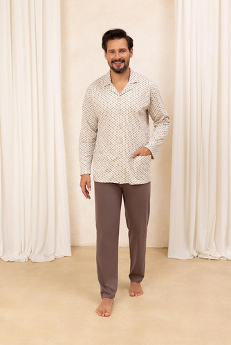 Pijama de algodón para hombre Regina 486 beige - manga larga, abotonado, corte clásico
