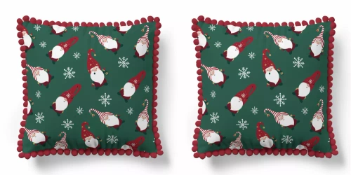 5383 Una Navidad funda de almohada decorativa Navidad Deco Detexpol gnomos y copos de nieve sobre fondo verde- cremallera