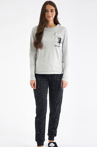 Shearly Pijama de mujer Sorbetto gris - 100% algodón, aplicación 3D, pantalón con cordón