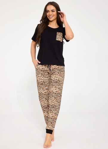 Cornette Margot 1114/515 Pijama de mujer 100% algodón marrón con encaje