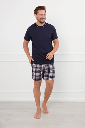 Edwin Pijama de manga corta para hombre, pantalón corto Moda Italiana - azul marino/estampado