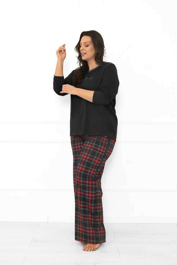 Italian Fashion pijama de mujer de algodón melange oscuro, manga larga y pantalón, a cuadros