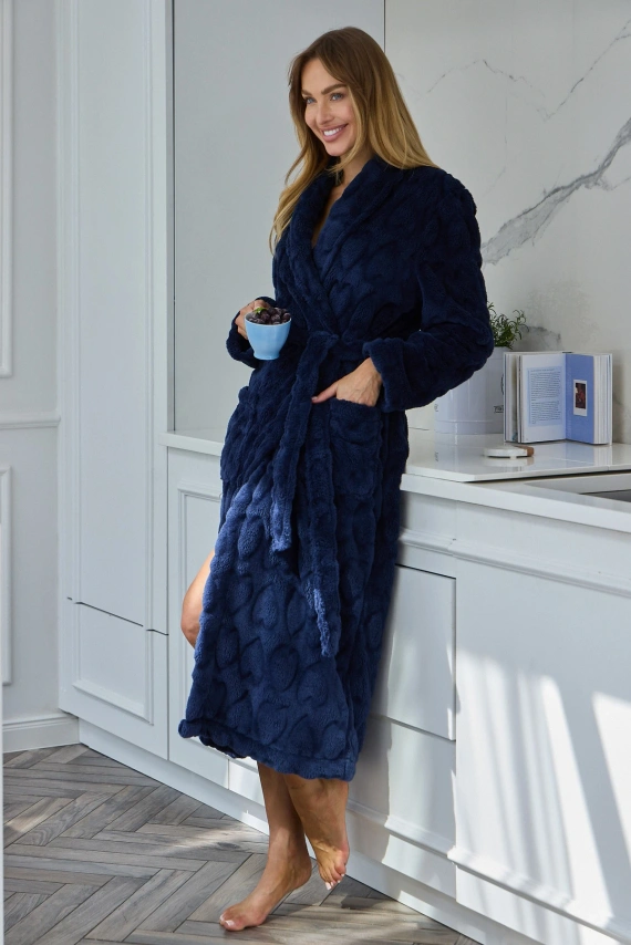 Albornoz largo de mujer L&L Nella 2645 suave con cuello chal y bolsillos - navy