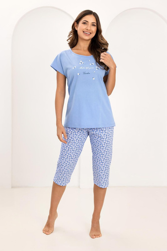 Pijama de señora 735 Regina azul - algodón, manga corta, pantalón 3/4, estampado decorativo