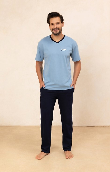 498 Pijama hombre de algodón azul Regina - Camiseta cuello pico + pantalón largo