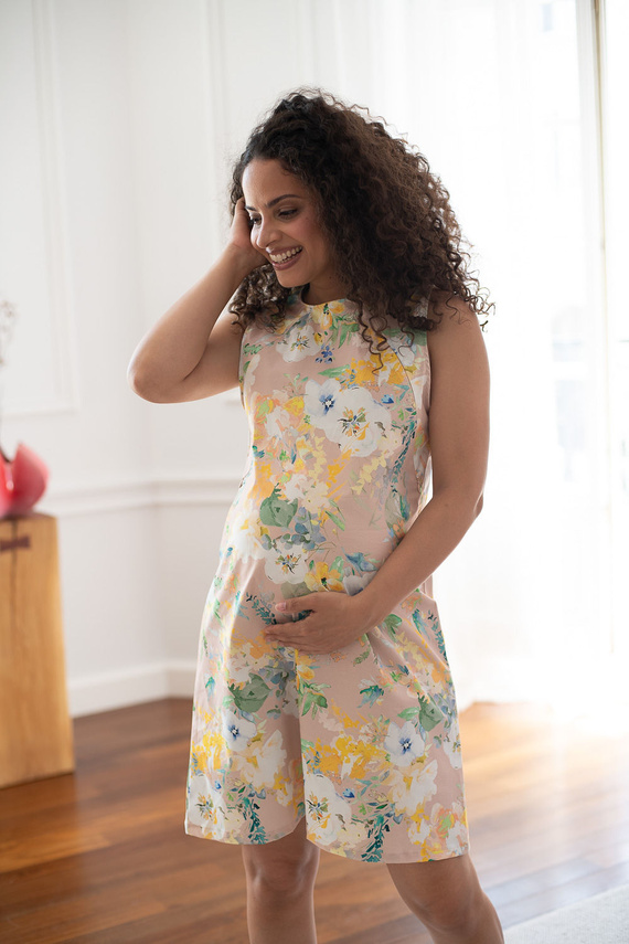 Mama MiA! Milk & Love Vestido premamá y para lactancia de algodón beige con flores