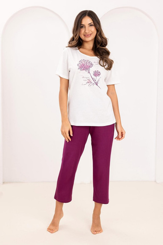 Pijama de algodón para mujer Regina 734 ecru- 100% algodón, manga corta, camiseta estampada, pantalón 7/8, confort Premium