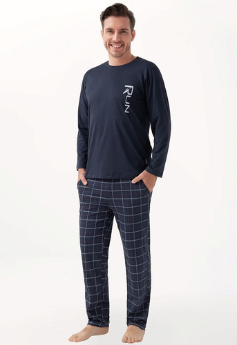 Pijama hombre 810 Luna azul marino - algodón, manga larga, pantalón con bolsillos