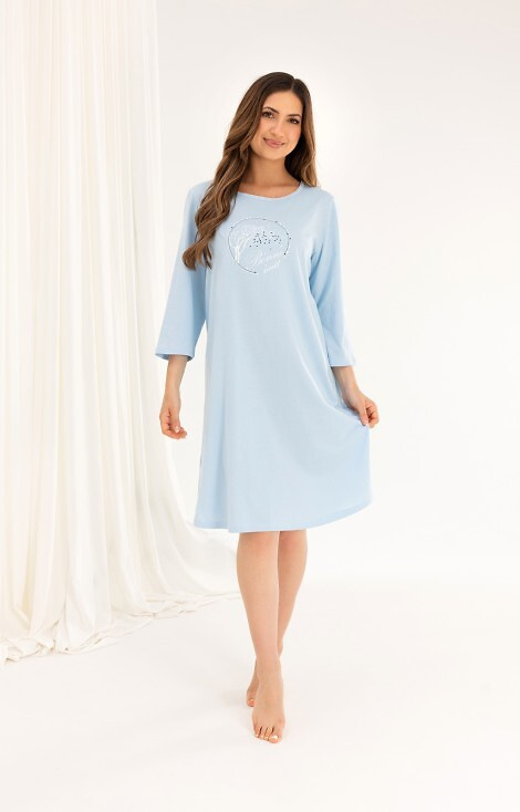 Camisón de algodón 167 azul - manga 3/4, estampado, acampanado, por debajo de la rodilla