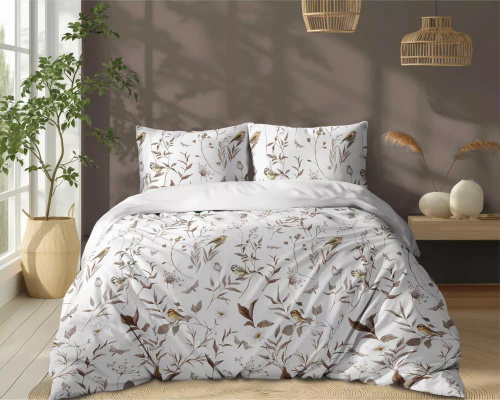 5500 B Ropa de cama de algodón blanco con ramas beige y pájaro Naturalis- Detexpol