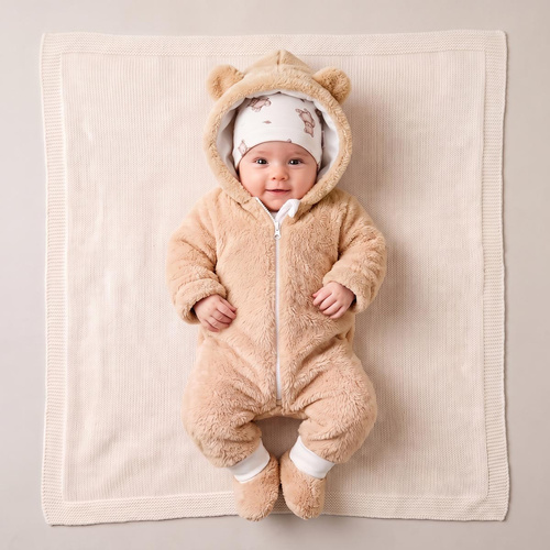 227270 Nicol BENEK Mono de bebé con capucha y botitas beige con diseño de osito