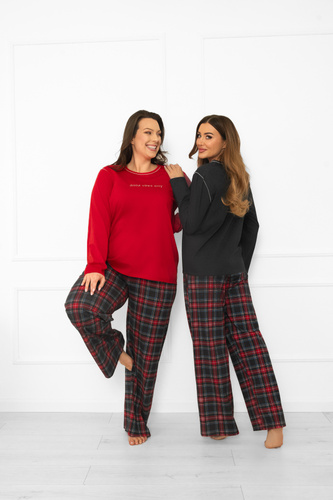 Italian Fashion pijama de mujer de algodón melange oscuro, manga larga y pantalón, a cuadros