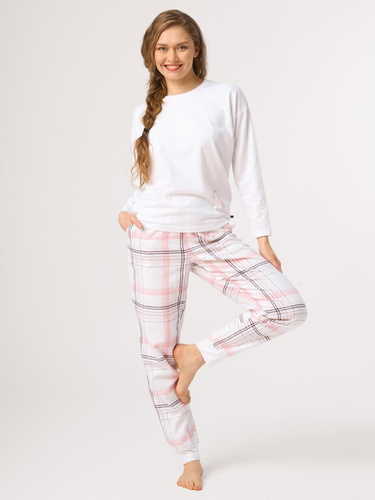 Pijama de mujer Key LNS 416 blanca – 100% algodón, pantalones de franela a cuadros