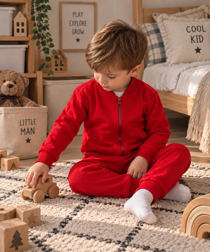 Mamatti DR914 chándal infantil de algodón rojo con sudadera con cremallera y cuello alto, pantalones con bolsillos
