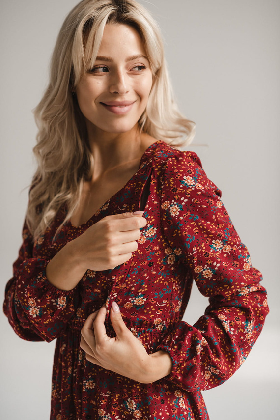 Lovely Dress Vestido midi de maternidad y lactancia de Milk&Love - floral granate, manga larga