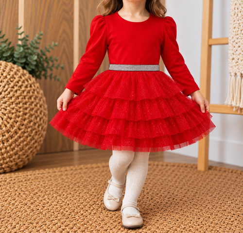 Vestido infantil Mamatti SK814 de algodón con tul y goma brillante en la cintura rojo