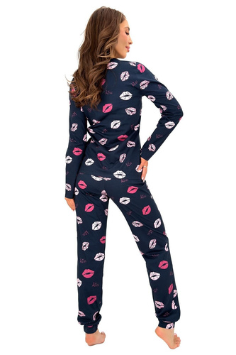 Donna Kiss Long pijama de mujer azul marino 100% algodón pantalones largos