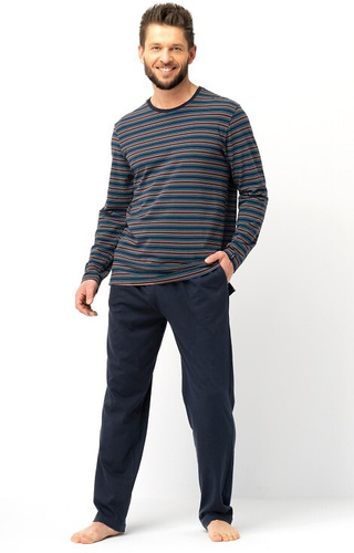MNS 315 Pijama de hombre Key marrón - algodón, top a rayas y pantalón liso