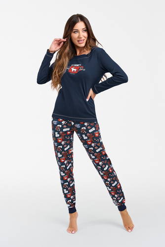 Pijama de manga larga y pantalón largo Makala Ladies Italian Fashion - azul marino/estampado