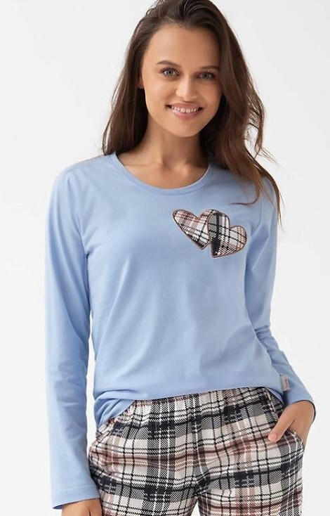 322 Luna azul - pijama de mujer de algodón, corazones, manga larga, pantalón a cuadros