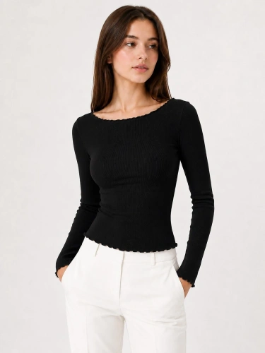 Blusa de mujer Raily Eldar Active de viscosa acanalada, manga larga, cuello barco - negra