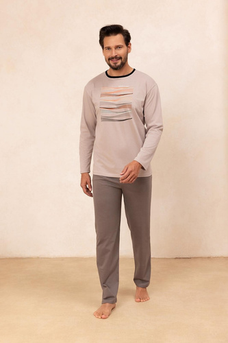 Regina 492 beige - pijama de algodón de manga larga para hombre, corte clásico