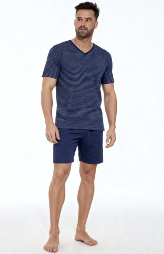 330/50 Varios Pijama Cornette - Pijama de hombre de algodón con camisa a rayas y pantalón corto liso