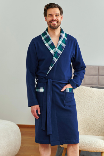 7366 Doctor Nap | Albornoz azul marino premium de hombre con ribete a cuadros - 100% algodón - azul marino