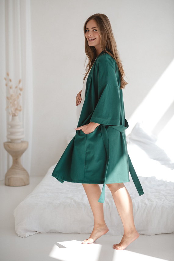 Milk&Love bata de maternidad verde botella - algodón con elastano, cómoda, manga 7/8