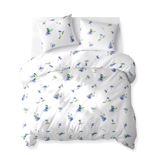 5769 B Algodón Bloom Detexpol ropa de cama blanca con flores azules con hojas verdes - 100% algodón, doble cara, producción polaca