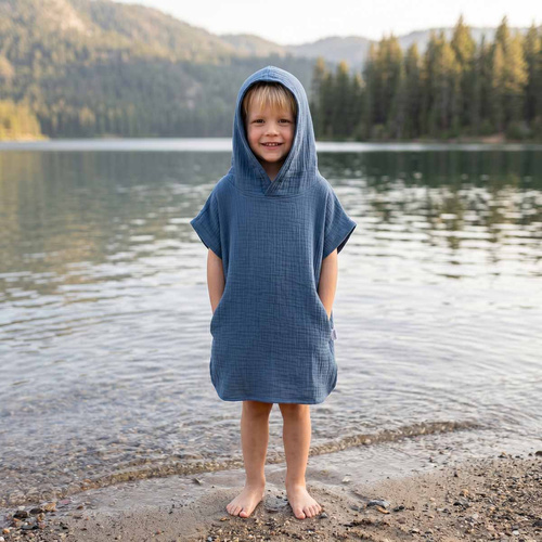 Poncho infantil Nicol 224394 muselina 100% algodón con capucha - azul marino