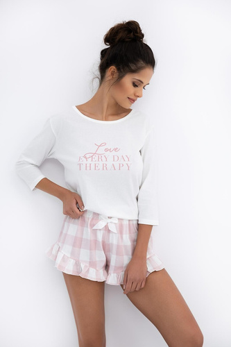 Emily Sensis - Pijama de algodón para mujer | Camisa 3/4 y pantalón corto a cuadros con ribete de volantes