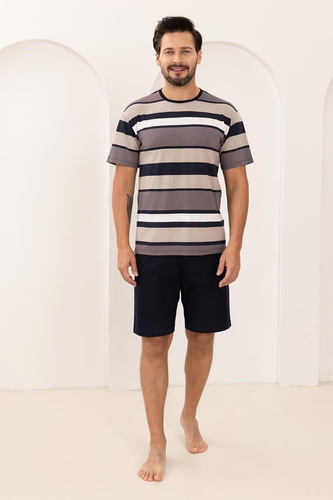 Pijama para hombre 501 Regina marrón 100% algodón, rayas con estilo, manga corta + pantalón corto, perfecto para el verano