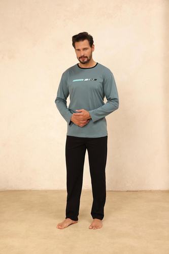 Regina 494 verde- pijama de algodón de manga larga para hombre, corte clásico