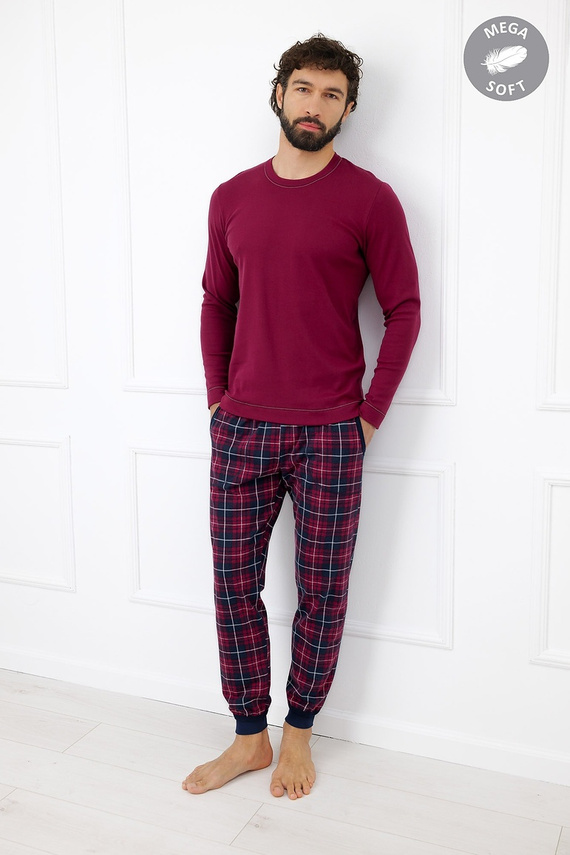 Italian Fashion Brajan Pijama masculina Mega Soft pantalón largo a cuadros burdeos
