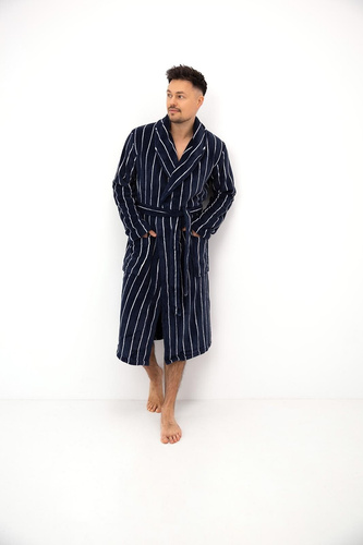 Sensis Leon Azul Marino Bata Larga de Hombre a Rayas con Cuello