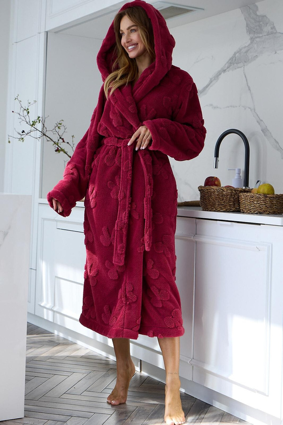 L&L Maya 2631 Bata larga de mujer con capucha, suave con relieve - sangría