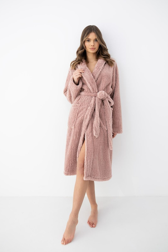 Sensis Caira Bata de mujer beige suave larga con cuello chal