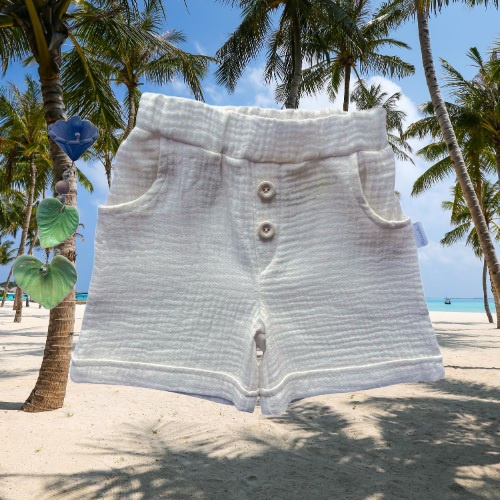 SZ55303 Mamatti pantalones cortos de muselina ecru con bolsillos y botones para verano