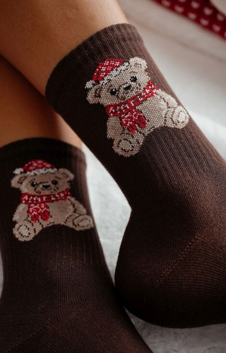1283-031 Calcetines de mujer Milena marrón - osito de Navidad, algodón