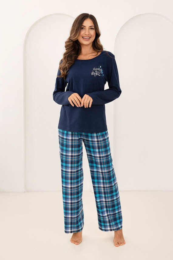 Pijama de señora Regina 743 azul marino - algodón, largo. manga, estampado, pantalón de cuadros
