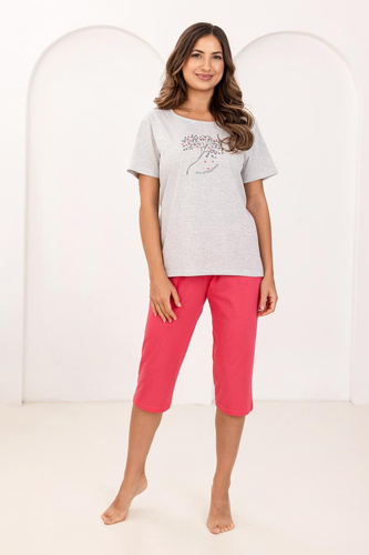 Pijama de algodón para mujer Regina 732 frambuesa- Camisa estampada a rayas, Manga corta, Pantalón 3/4, 100% Algodón