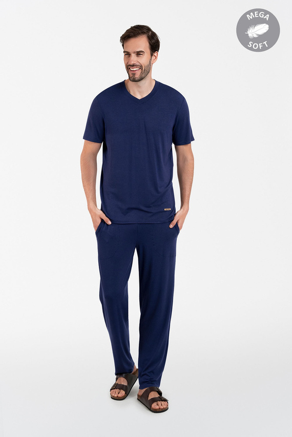 Akord Pijama hombre manga corta, pantalón largo Moda Italiana - azul marino