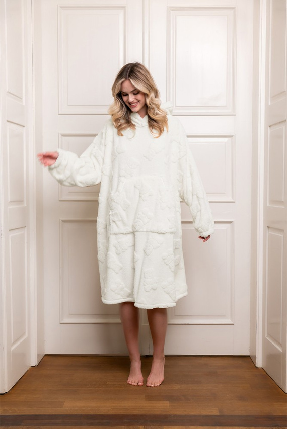 Blusa manta de señora Italian Fashion - cálida, oversize, con capucha, motivo osito de peluche