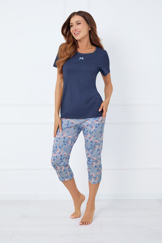 Amara Pijama de mujer manga corta, pantalón 3/4 Moda Italiana - azul marino/estampado