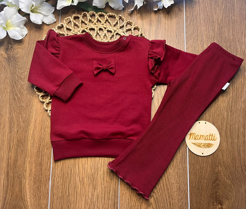 Mamatti DR720 chándal de niña de algodón burdeos sudadera con lazo y leggings campana