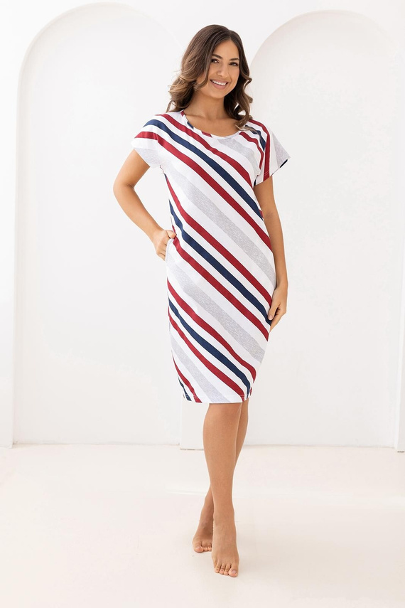 Camisa de algodón para mujer 175 Regina burdeos - Manga corta, estampado de rayas, bolsillos, largo hasta la rodilla, 100% algodón