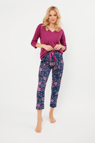 Folk Pijama de mujer manga 3/4, pantalón 7/8 Moda Italiana - mora/estampado