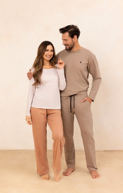 715 Pijama señora Regina beige - algodón, camisa a rayas con bolsillo